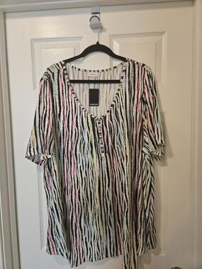Avenue Black & White Striped V-Neck Blouse with Pastel Accents
